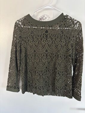 Banana Republic Olive Lace Overlay Long Sleeve Blouse
